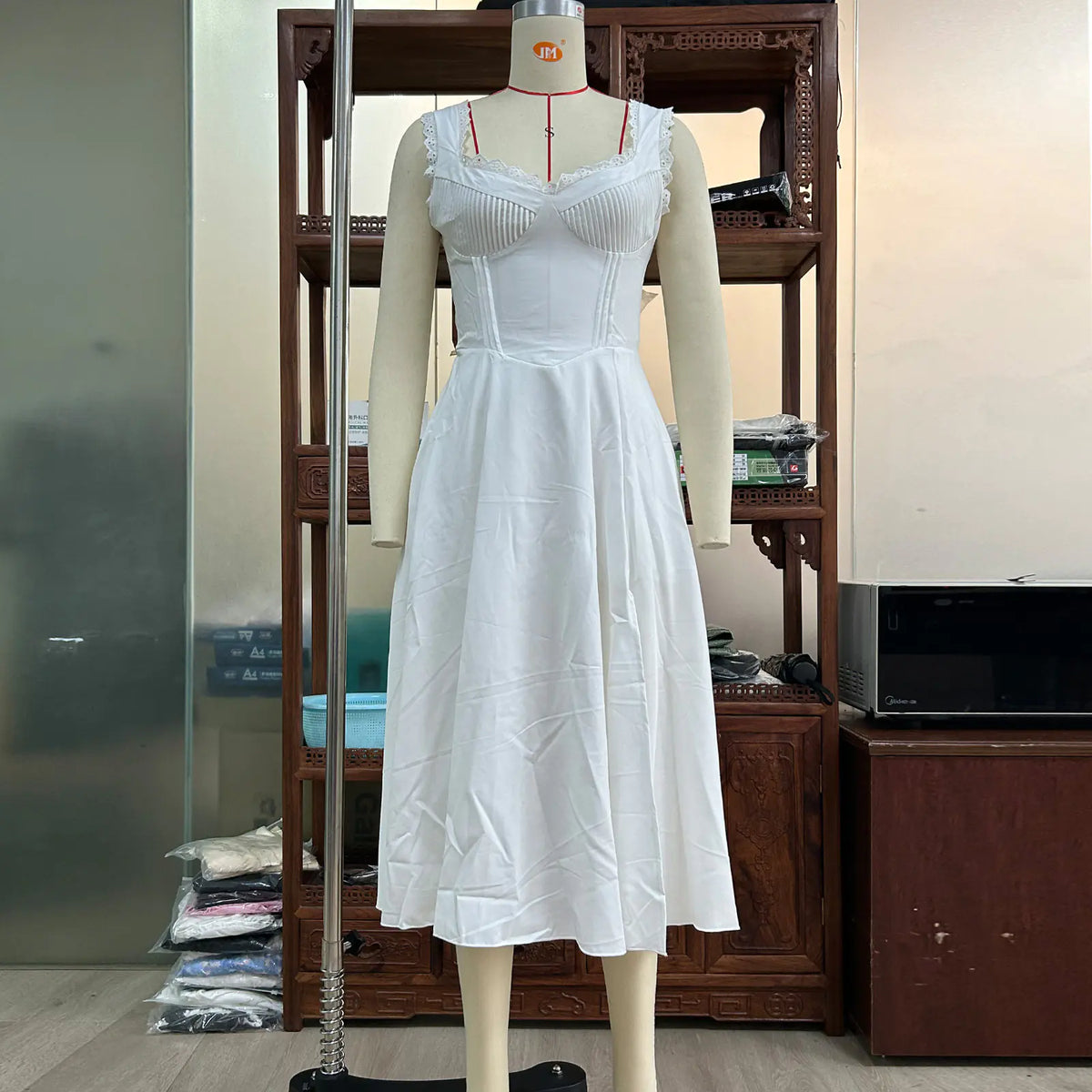 V-neck Lace Up Midi Skirt with Waist Trimming