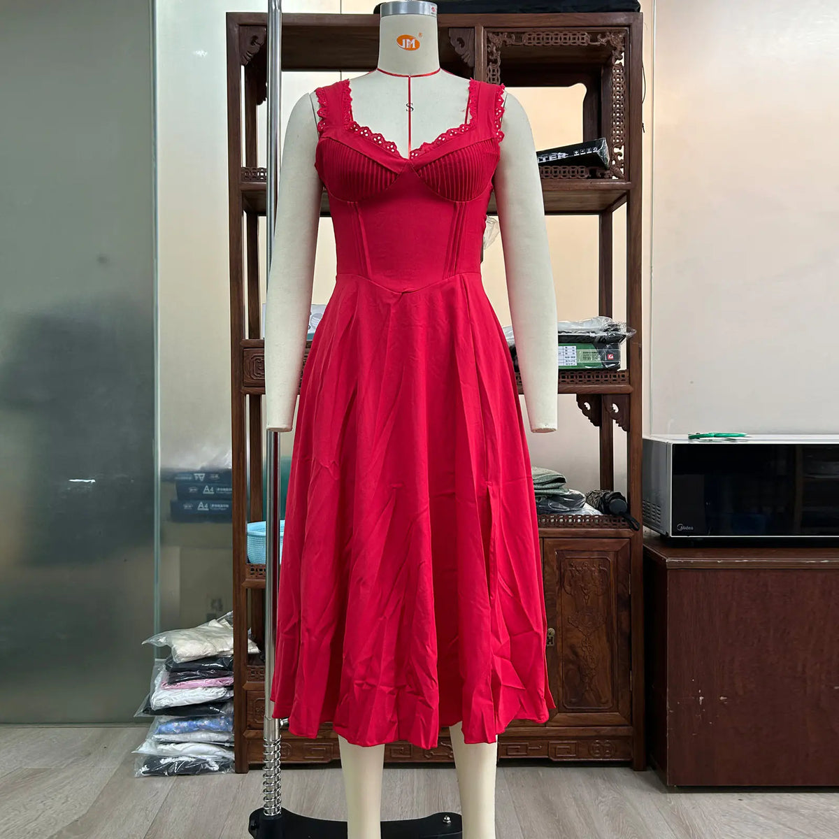 V-neck Lace Up Midi Skirt with Waist Trimming