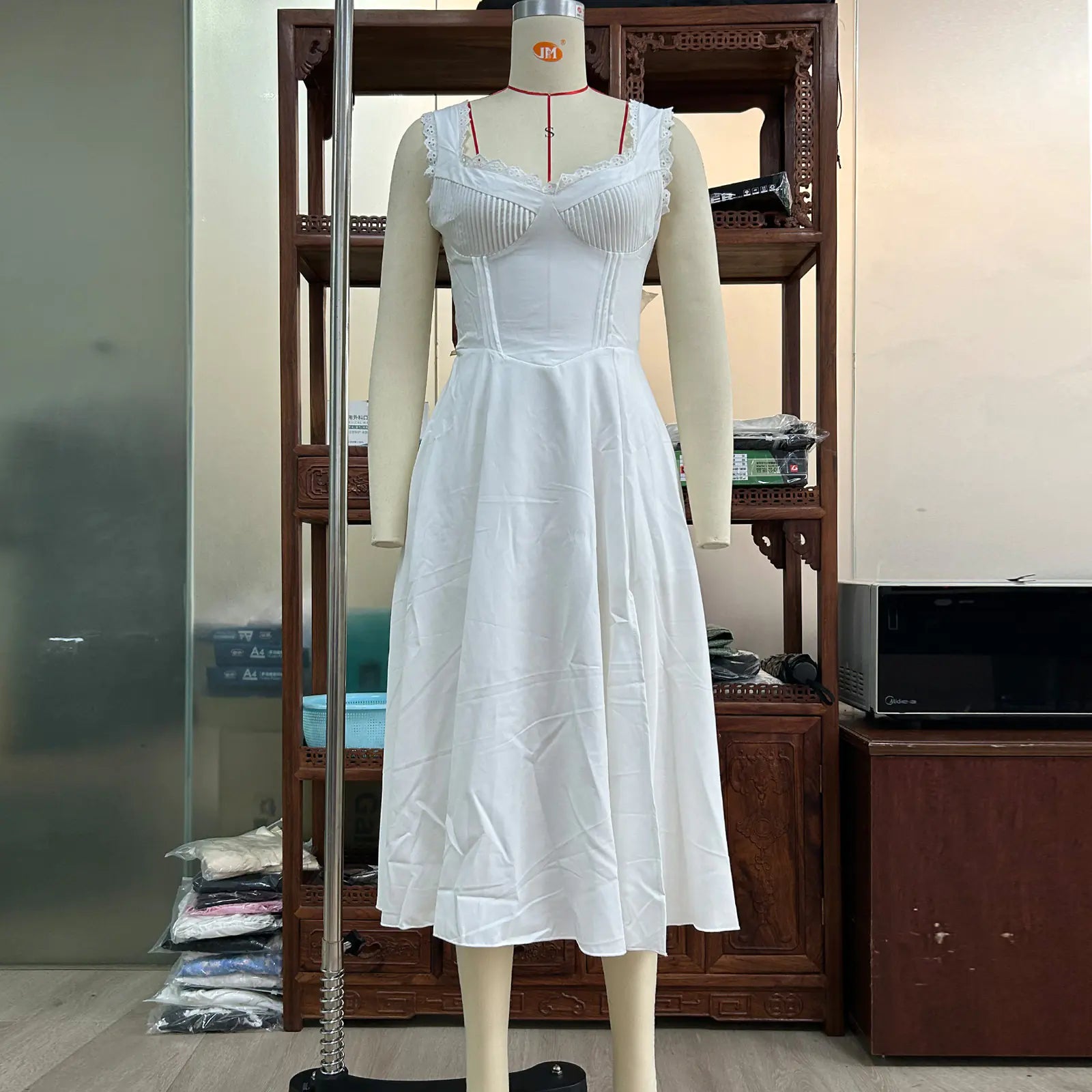 V-neck Lace Up Midi Skirt with Waist Trimming